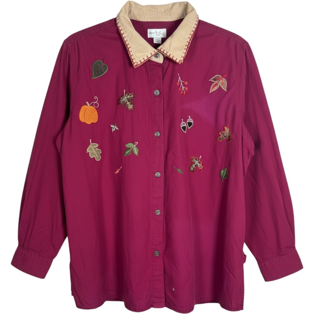 Bobbie Brooks Very Berry Embroidered Fall Leaf Button Up Shirt 22W/24W FLAW